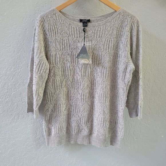 Prive 100% Cashmere Sweater Gray Lace Knit Faux Pearl Beaded Detail 3/4 Sleeve M - Picture 1 of 9